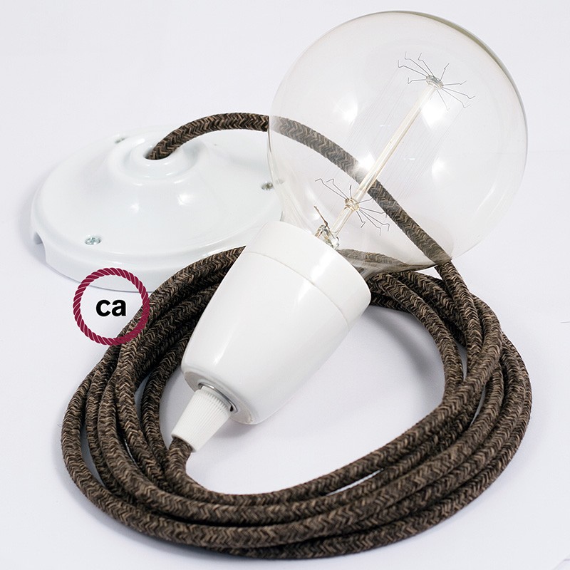 Pendel en porcelana, lámpara colgante cable textil Marrón en Lino Natural RN04