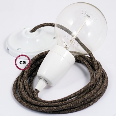 Pendel en porcelana, lámpara colgante cable textil Marrón en Lino Natural RN04