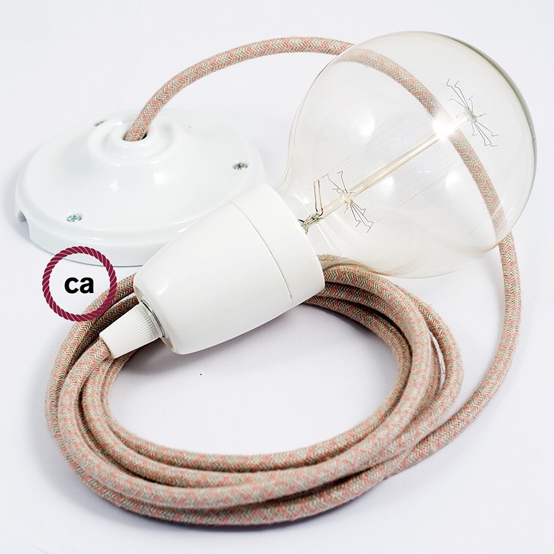 Pendel en porcelana, lámpara colgante cable textil Rombo Rosa Antico RD61