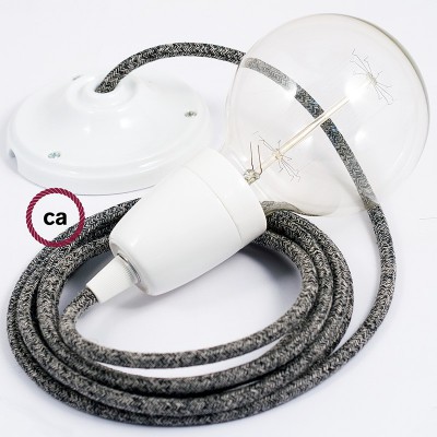 Pendel en porcelana, lámpara colgante cable textil Negro Glitter en Lino Natural RS81