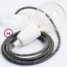Pendel en porcelana, lámpara colgante cable textil Negro Glitter en Lino Natural RS81