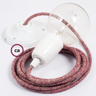 Pendel en porcelana, lámpara colgante cable textil Rojo Glitter en Lino Natural RS83