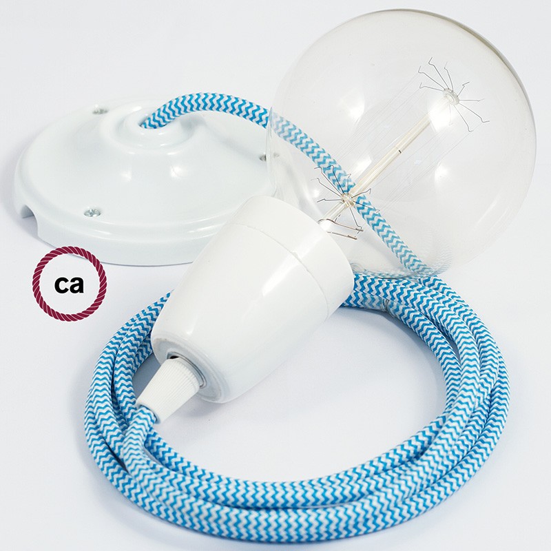 Pendel en porcelana, lámpara colgante cable textil ZigZag Turquesa RZ11