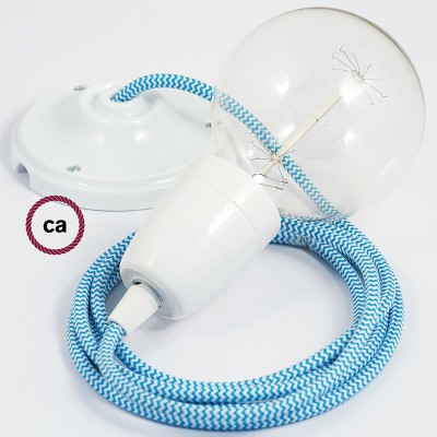 Pendel en porcelana, lámpara colgante cable textil ZigZag Turquesa RZ11