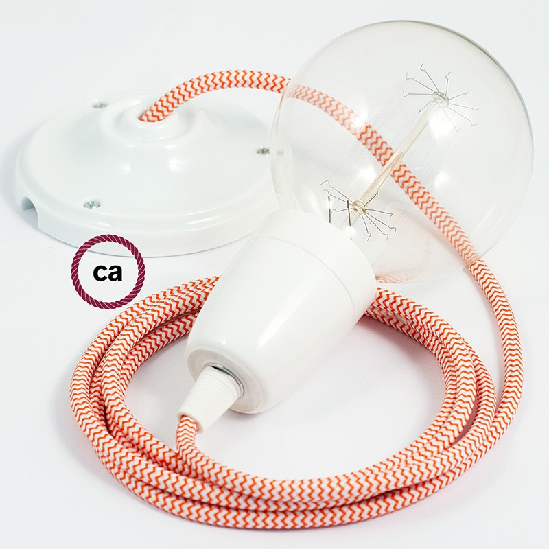 Pendel en porcelana, lámpara colgante cable textil ZigZag Naranja RZ15