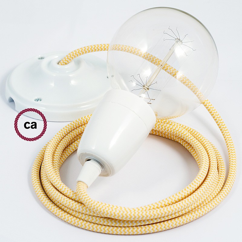 Pendel en porcelana, lámpara colgante cable textil ZigZag Amarillo RZ10