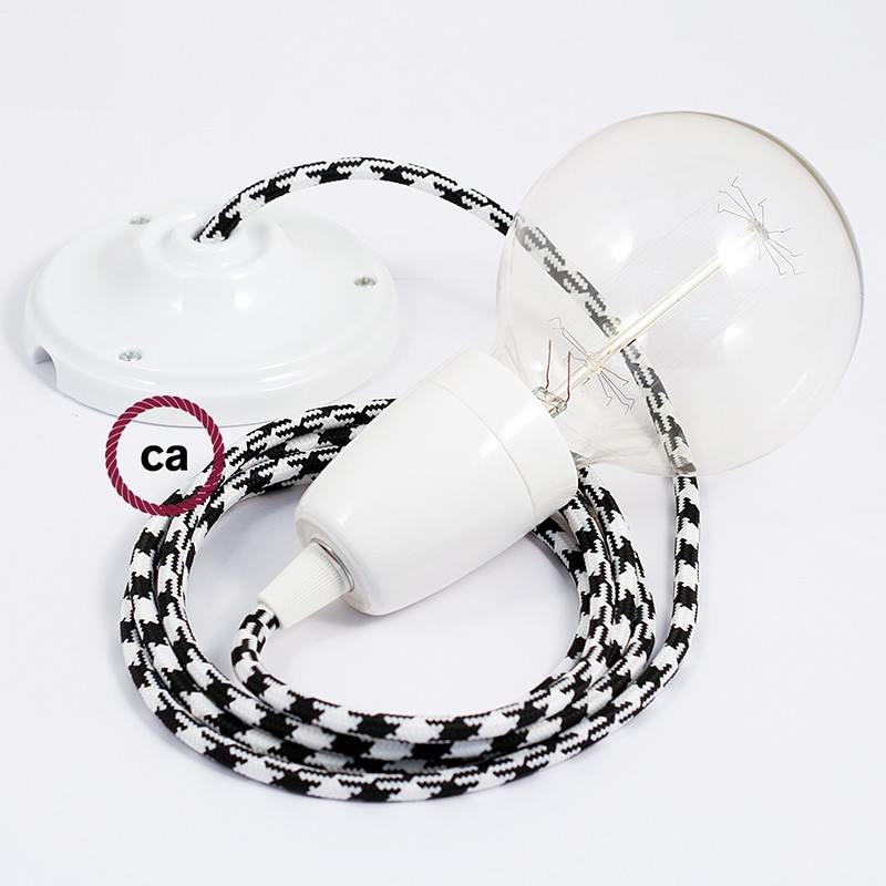 Pendel en porcelana, lámpara colgante cable textil Bicolor Negro RP04