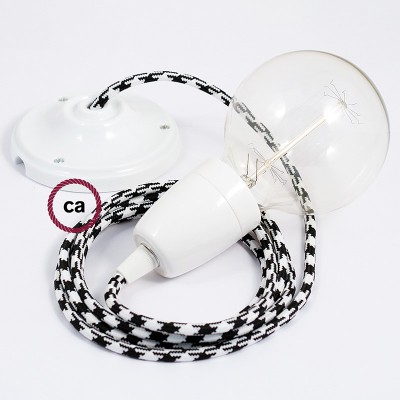Pendel en porcelana, lámpara colgante cable textil Bicolor Negro RP04