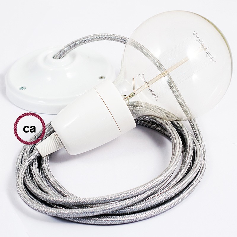 Pendel en porcelana, lámpara colgante cable textil Plateado Glitter RL02