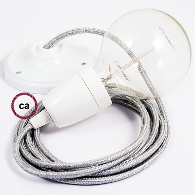 Pendel en porcelana, lámpara colgante cable textil Plateado Glitter RL02