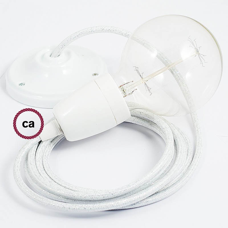 Pendel en porcelana, lámpara colgante cable textil Blanco Glitter RL01