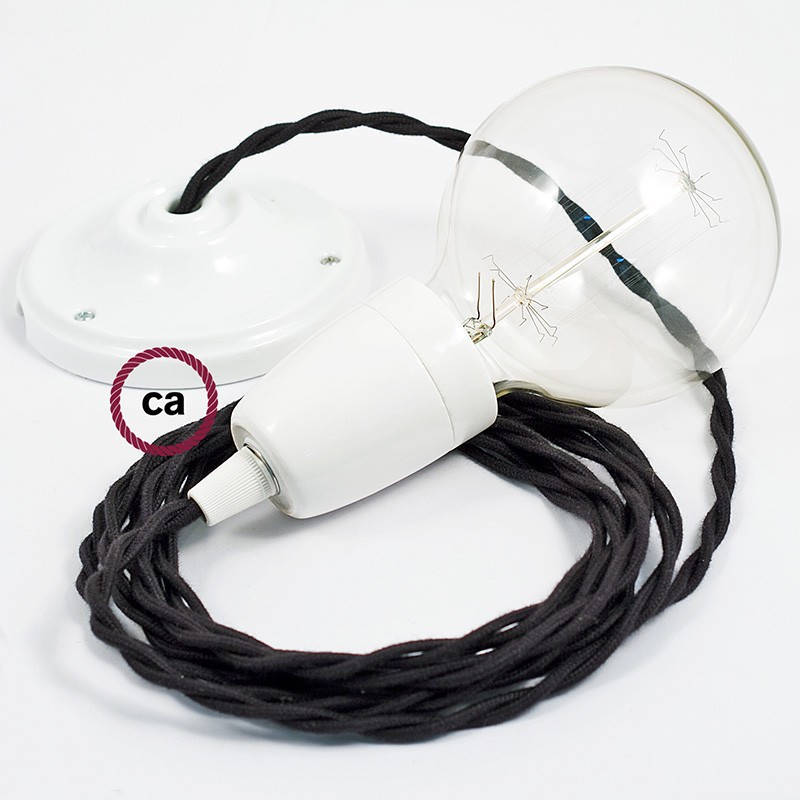 Pendel en porcelana, lámpara colgante cable textil Negro en Algodón TC04