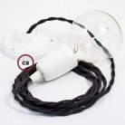 Pendel en porcelana, lámpara colgante cable textil Negro en Algodón TC04