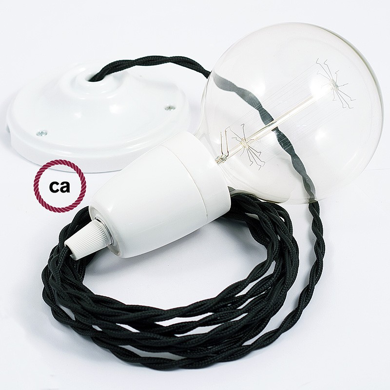 Pendel en porcelana, lámpara colgante cable textil Negro en tejido Efecto Seda TM04