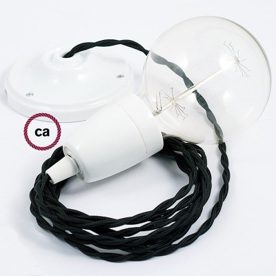 Pendel en porcelana, lámpara colgante cable textil Negro en tejido Efecto Seda TM04