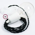 Pendel en porcelana, lámpara colgante cable textil Negro en tejido Efecto Seda TM04