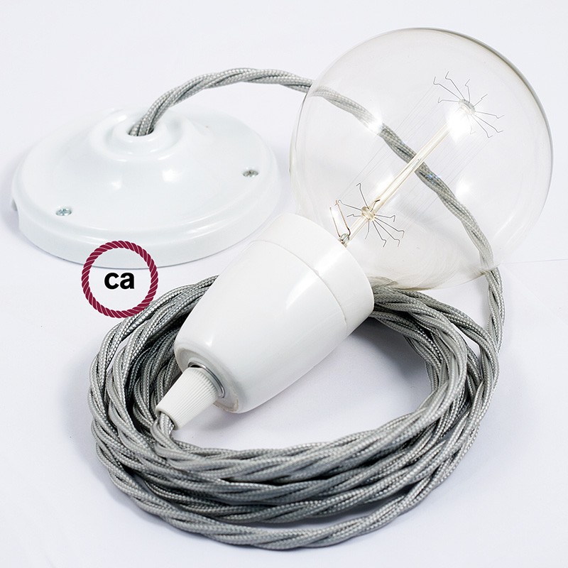 Pendel en porcelana, lámpara colgante cable textil Plateado en tejido Efecto Seda TM02