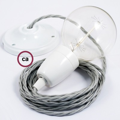 Pendel en porcelana, lámpara colgante cable textil Plateado en tejido Efecto Seda TM02