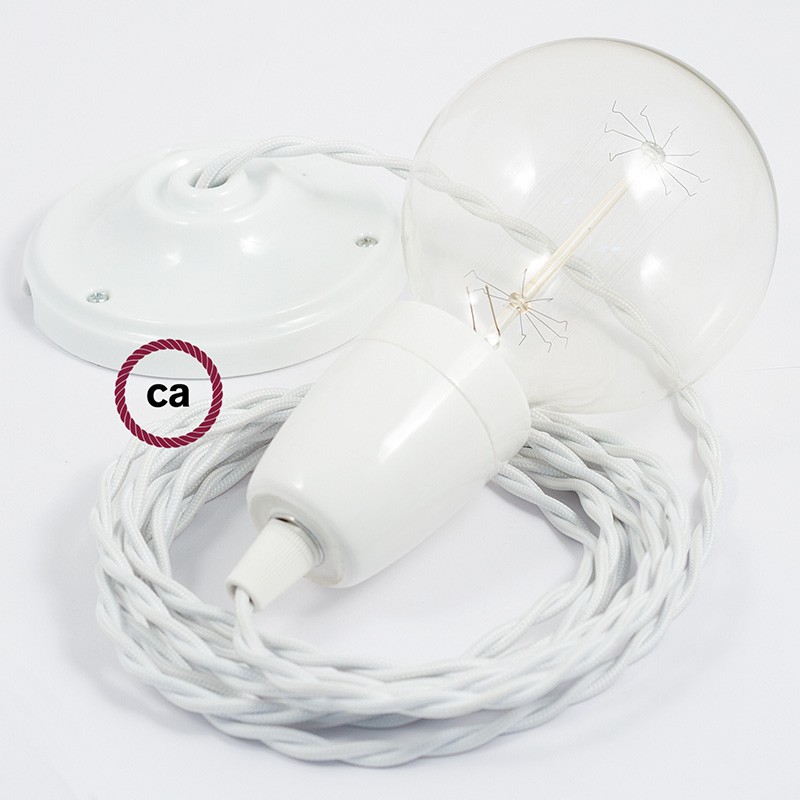 Pendel en porcelana, lámpara colgante cable textil Blanco en tejido Efecto Seda TM01