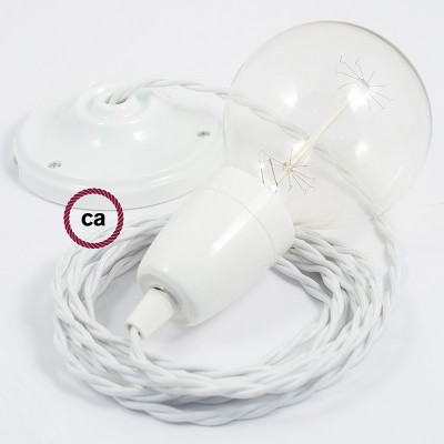 Pendel en porcelana, lámpara colgante cable textil Blanco en tejido Efecto Seda TM01