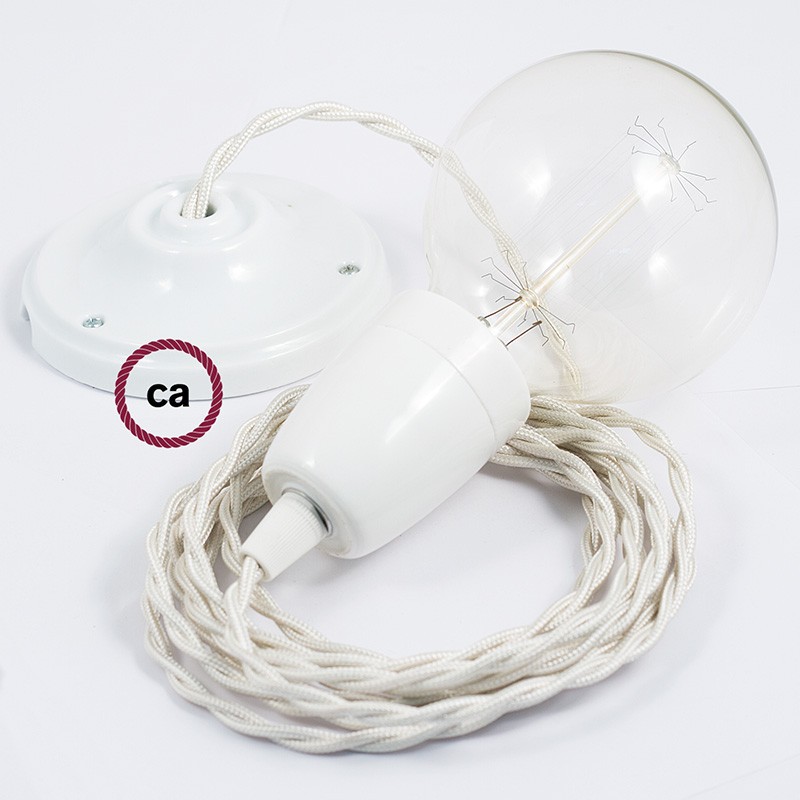 Pendel en porcelana, lámpara colgante cable textil Marfil en tejido Efecto Seda TM00