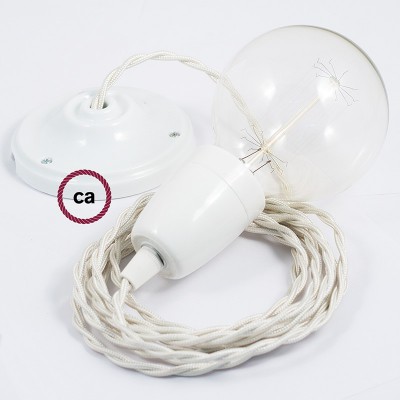 Pendel en porcelana, lámpara colgante cable textil Marfil en tejido Efecto Seda TM00