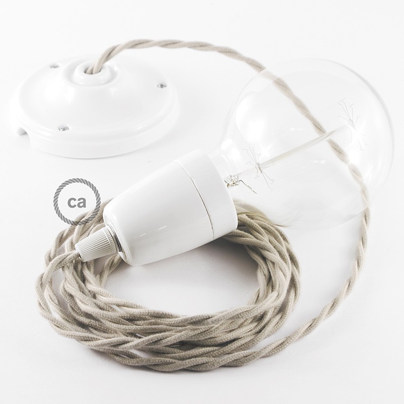 Pendel en porcelana, lámpara colgante cable textil Gris pardo en Algodón TC43