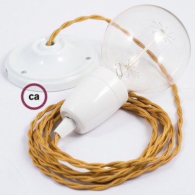 Pendel en porcelana, lámpara colgante cable textil Dorado en tejido Efecto Seda TM05