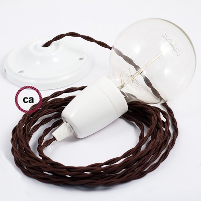 Pendel en porcelana, lámpara colgante cable textil Marrón en tejido Efecto Seda TM13