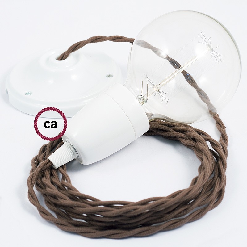 Pendel en porcelana, lámpara colgante cable textil Marrón en Algodón TC13