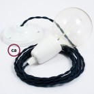 Pendel en porcelana, lámpara colgante cable textil Azul Marino en tejido Efecto Seda TM20