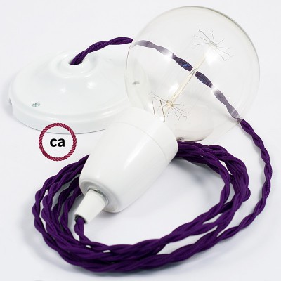 Pendel en porcelana, lámpara colgante cable textil Púrpura en tejido Efecto Seda TM14