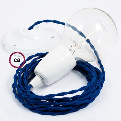 Pendel en porcelana, lámpara colgante cable textil Azul en tejido Efecto Seda TM12
