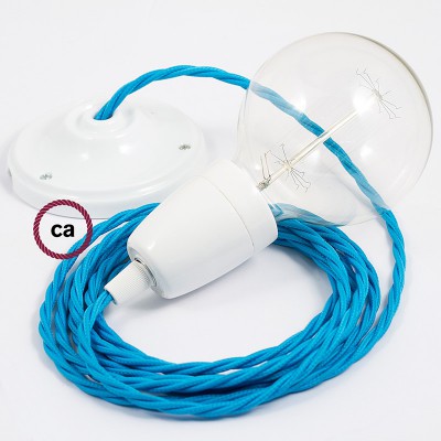 Pendel en porcelana, lámpara colgante cable textil Turquesa en tejido Efecto Seda TM11