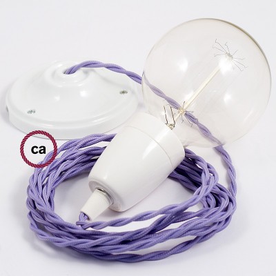 Pendel en porcelana, lámpara colgante cable textil Lila en tejido Efecto Seda TM07