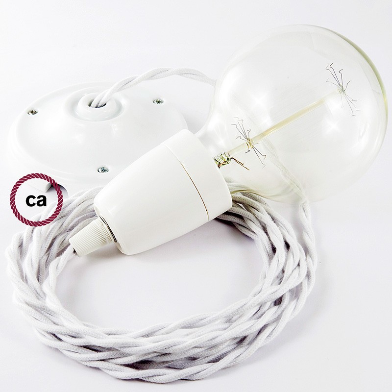 Pendel en porcelana, lámpara colgante cable textil Blanco en Algodón TC01