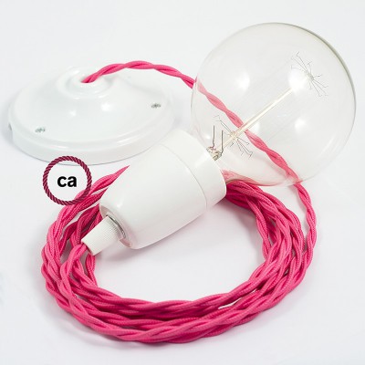 Pendel en porcelana, lámpara colgante cable textil Fuchsia en tejido Efecto Seda TM08