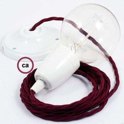 Pendel en porcelana, lámpara colgante cable textil Bordeos en tejido Efecto Seda TM19