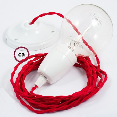 Pendel en porcelana, lámpara colgante cable textil Rojo en tejido Efecto Seda TM09