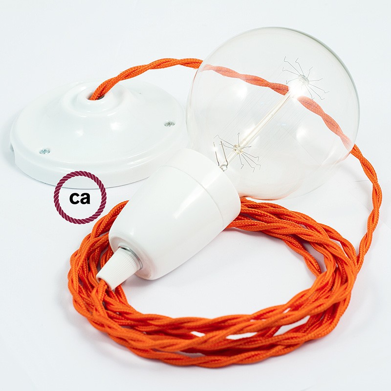Pendel en porcelana, lámpara colgante cable textil Naranja en tejido Efecto Seda TM15