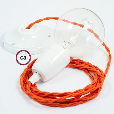 Pendel en porcelana, lámpara colgante cable textil Naranja en tejido Efecto Seda TM15