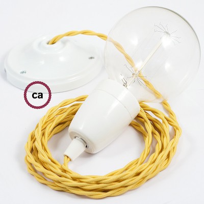 Pendel en porcelana, lámpara colgante cable textil Amarillo en tejido Efecto Seda TM10