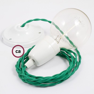 Pendel en porcelana, lámpara colgante cable textil Verde en tejido Efecto Seda TM06