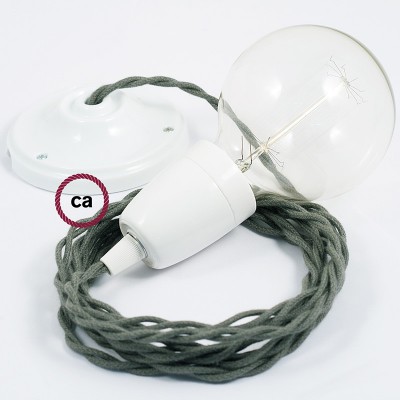 Pendel en porcelana, lámpara colgante cable textil Gris Verde en Algodón TC63