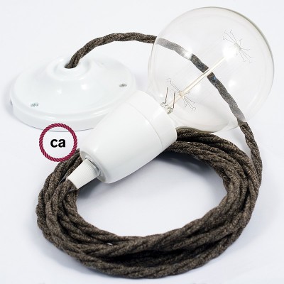 Pendel en porcelana, lámpara colgante cable textil Marrón en Lino Natural TN04
