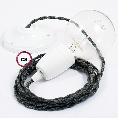Pendel en porcelana, lámpara colgante cable textil Antracita en Lino Natural TN03