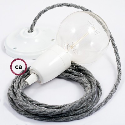 Pendel en porcelana, lámpara colgante cable textil Gris en Lino Natural TN02
