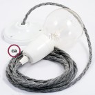 Pendel en porcelana, lámpara colgante cable textil Gris en Lino Natural TN02