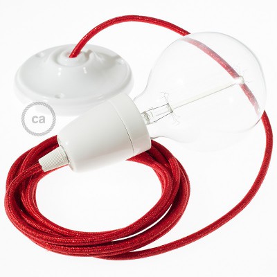 Pendel en porcelana, lámpara colgante cable textil Rojo Glitter RL09