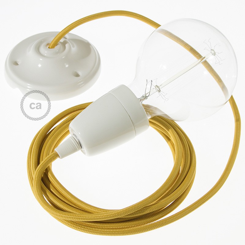 Pendel en porcelana, lámpara colgante cable textil Mostaza en tejido Efecto Seda RM25